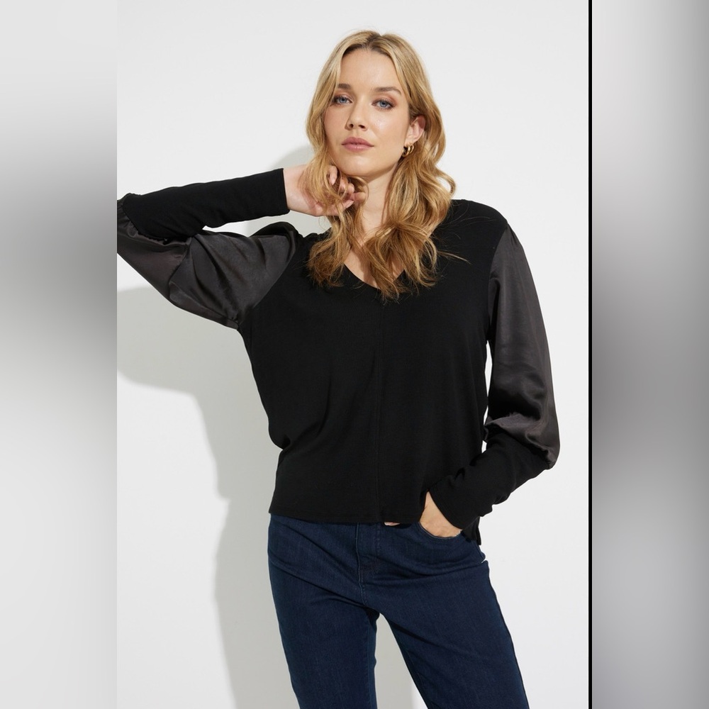 Melissa Nepton Joana Black Satin Long Sleeve Ribbed Fabric Top Womens Small